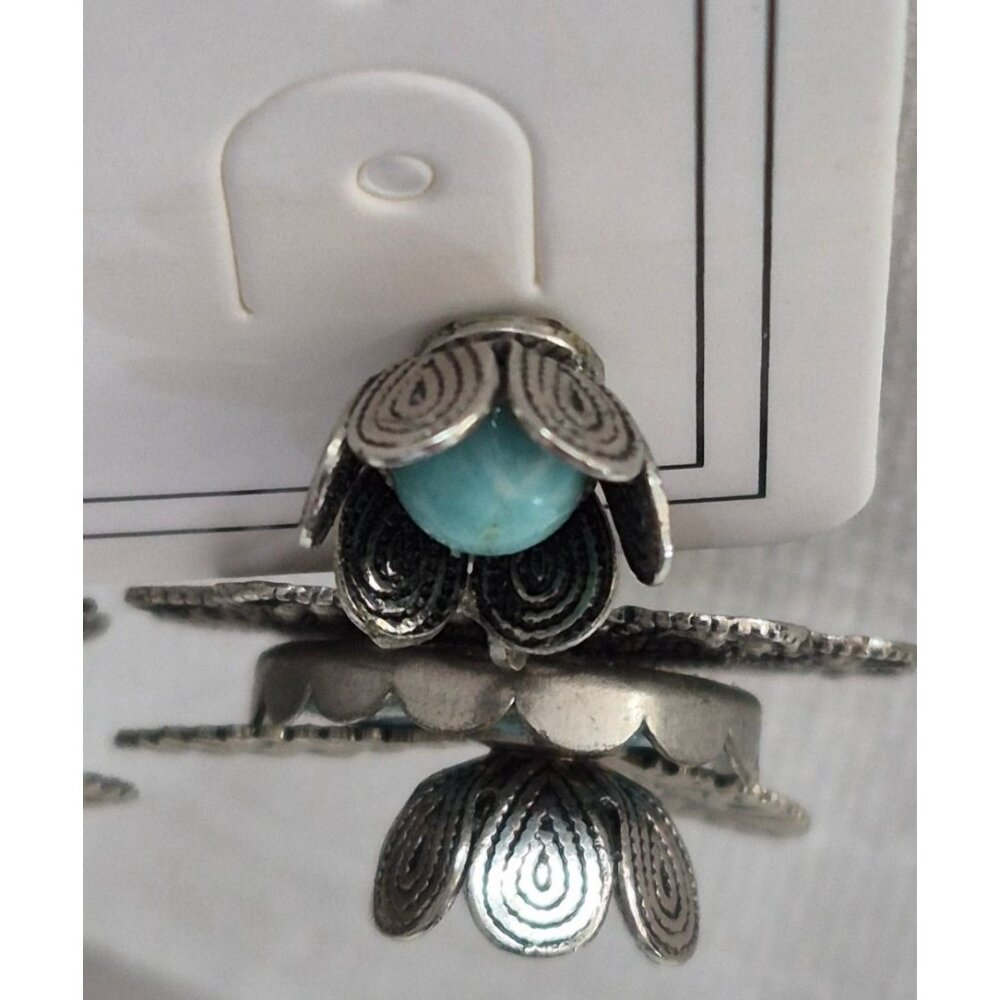 Vintage Screw Back Filigree Earrings Floral Turquoise Antique Silver Tone - Picture 3 of 8